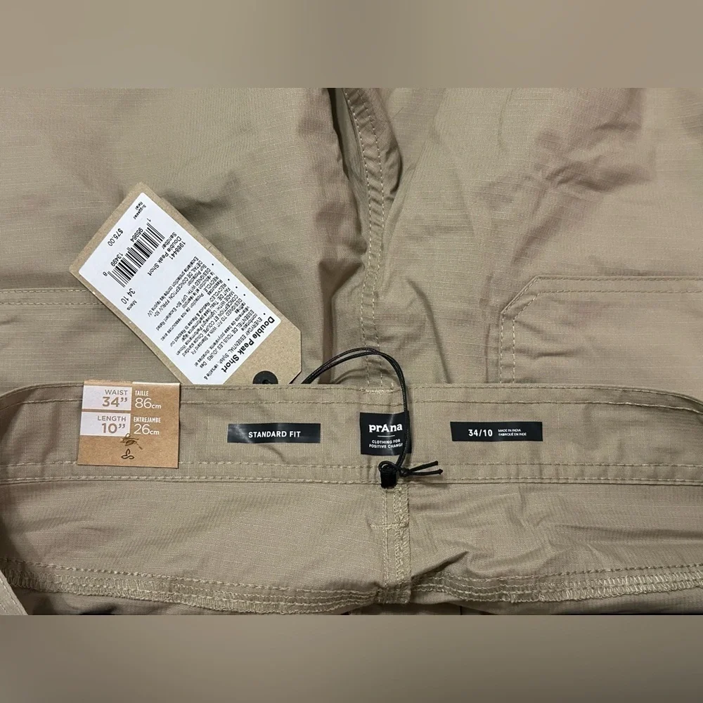 NWT Prana Men’s Double Peak Short Sz 34 10” inseam Sandbar Khaki UPF 50+